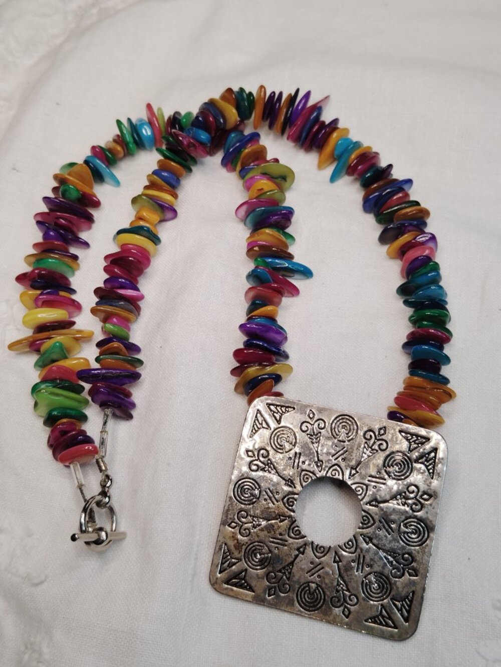 Handmade Multicolor Shell Necklace • Silver Pendant • 22" Toggle